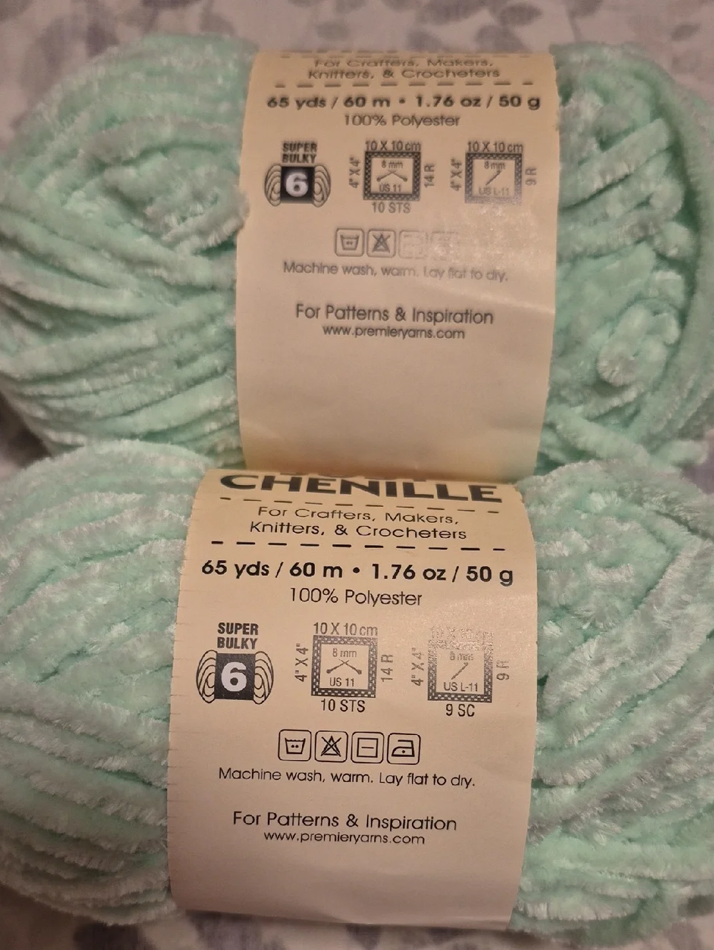 Premier Just Chenille Plush Yarn in Mint Green - 2 Skeins
